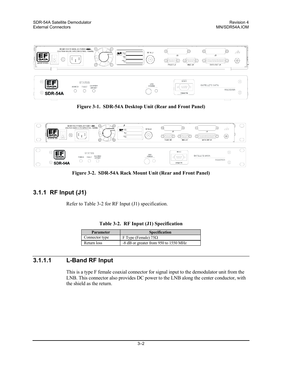 Rf input (j1), L-band rf input, 1 rf input (j1) | 1 l-band rf input | Comtech EF Data SDR-54A User Manual | Page 24 / 96