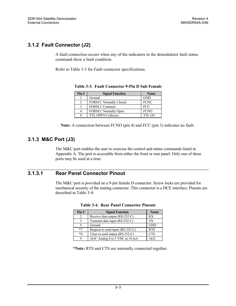 Fault connector (j2), M&c port (j3), Rear panel connector pinout | 2 fault connector (j2), 3 m&c port (j3), 1 rear panel connector pinout | Comtech EF Data SDR-54A User Manual | Page 25 / 96