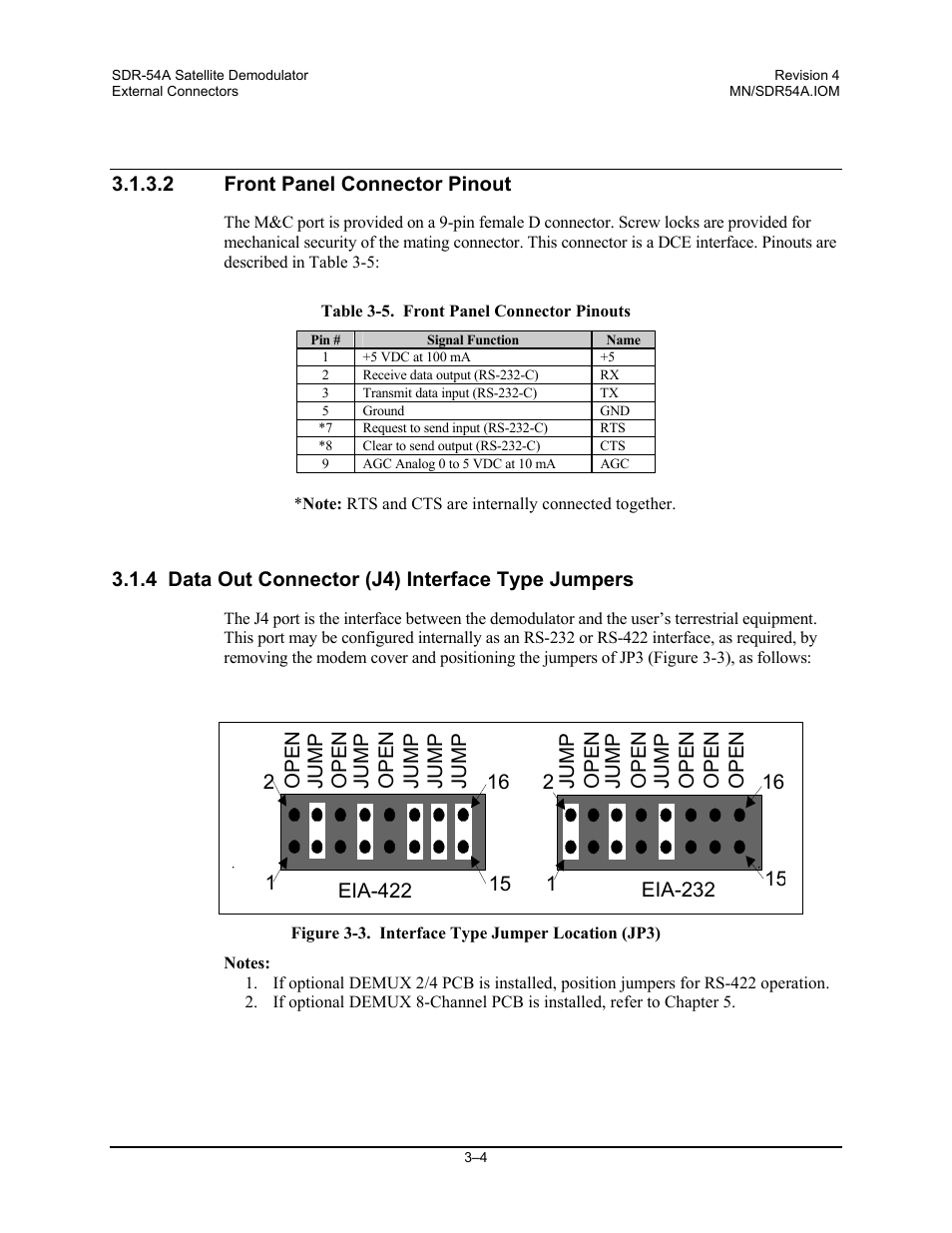 Front panel connector pinout, Data out connector (j4) interface type jumpers | Comtech EF Data SDR-54A User Manual | Page 26 / 96