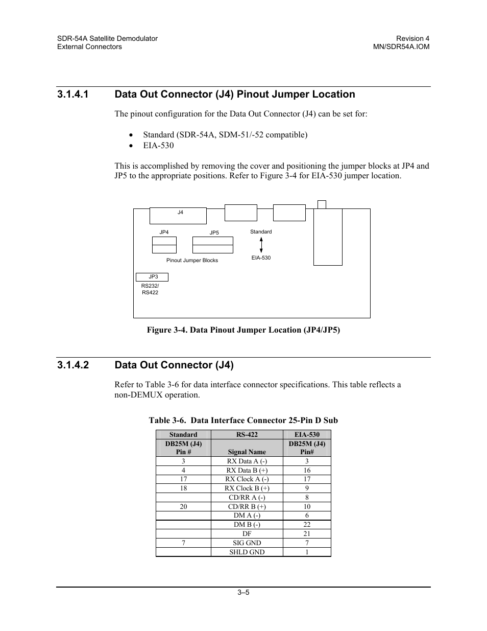 Data out connector (j4) pinout jumper location, Data out connector (j4), 1 data out connector (j4) pinout jumper location | 2 data out connector (j4) | Comtech EF Data SDR-54A User Manual | Page 27 / 96
