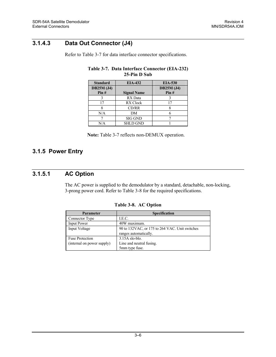 Data out connector (j4), Power entry, Ac option | 3 data out connector (j4) | Comtech EF Data SDR-54A User Manual | Page 28 / 96