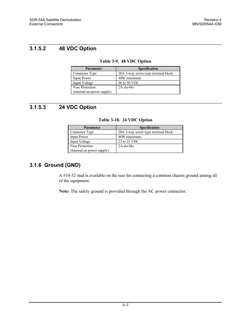 48 vdc option, 24 vdc option, Ground (gnd) | 2 48 vdc option, 3 24 vdc option, 6 ground (gnd) | Comtech EF Data SDR-54A User Manual | Page 29 / 96