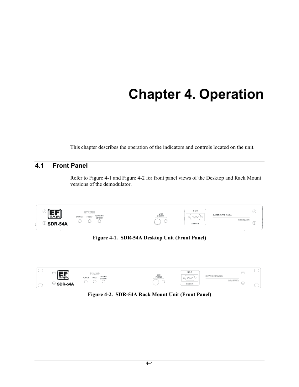 Operation, Front panel, Chapter 4. operation | Comtech EF Data SDR-54A User Manual | Page 31 / 96