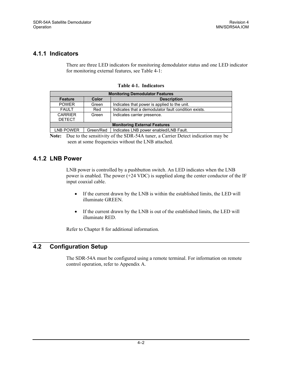 Indicators, Lnb power, Configuration setup | 1 indicators, 2 lnb power, 2 configuration setup | Comtech EF Data SDR-54A User Manual | Page 32 / 96