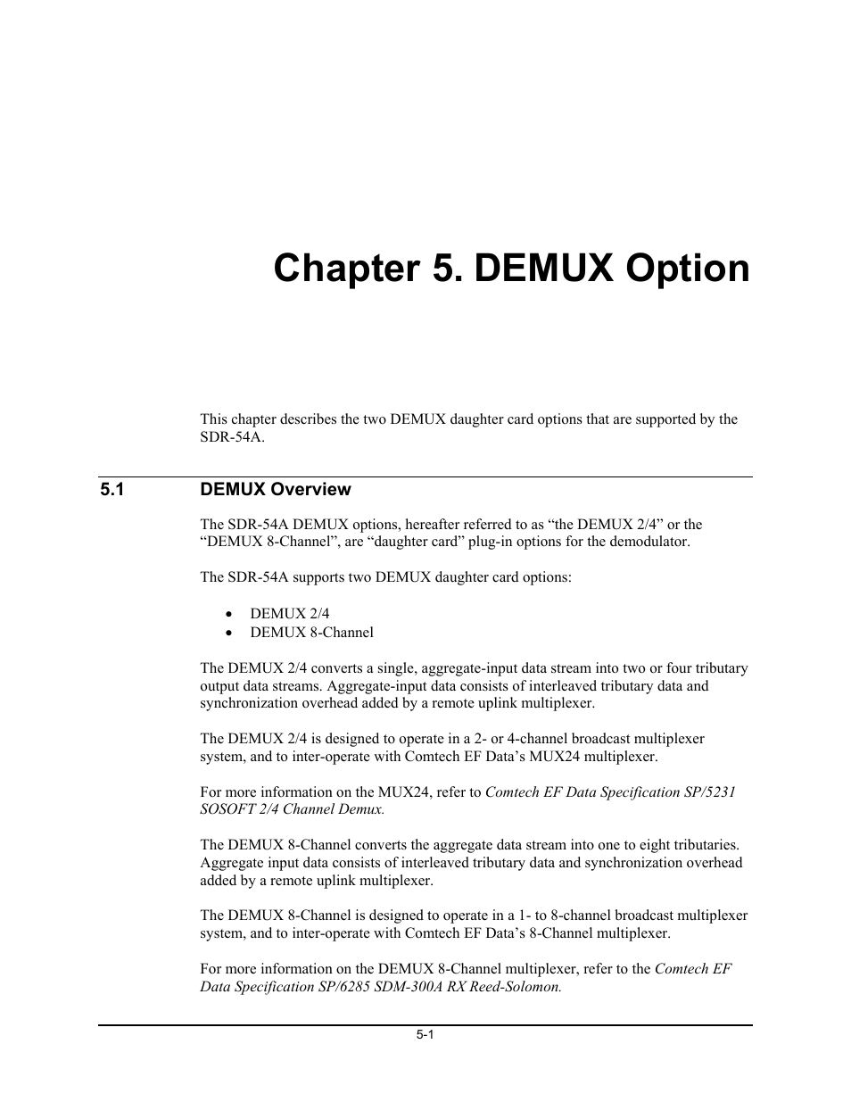 Demux option, Demux overview, Chapter 5. demux option | Comtech EF Data SDR-54A User Manual | Page 35 / 96