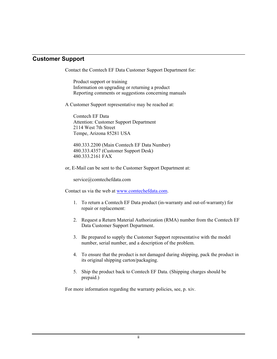 Customer support | Comtech EF Data SDR-54A User Manual | Page 4 / 96