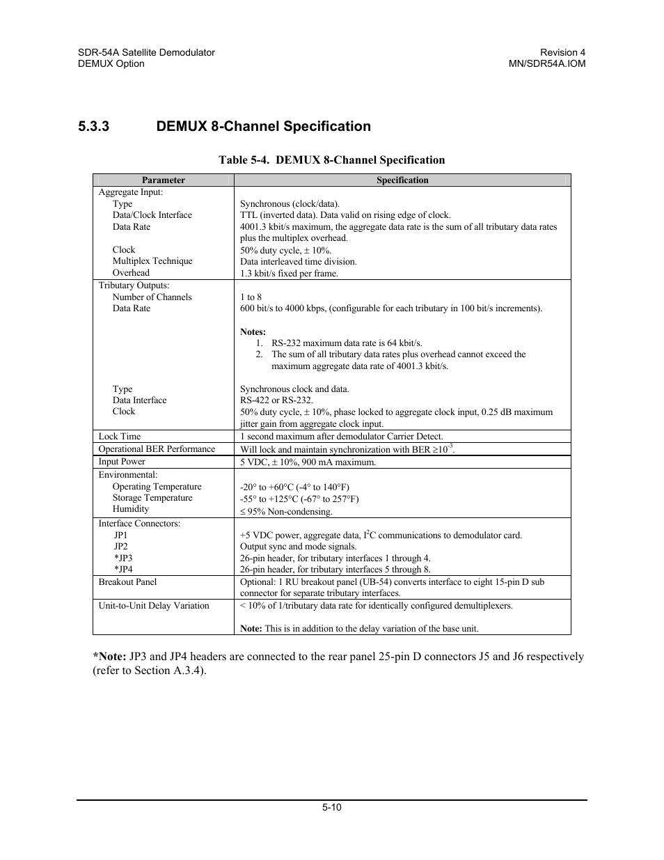 Demux 8-channel specification, 3 demux 8-channel specification | Comtech EF Data SDR-54A User Manual | Page 44 / 96