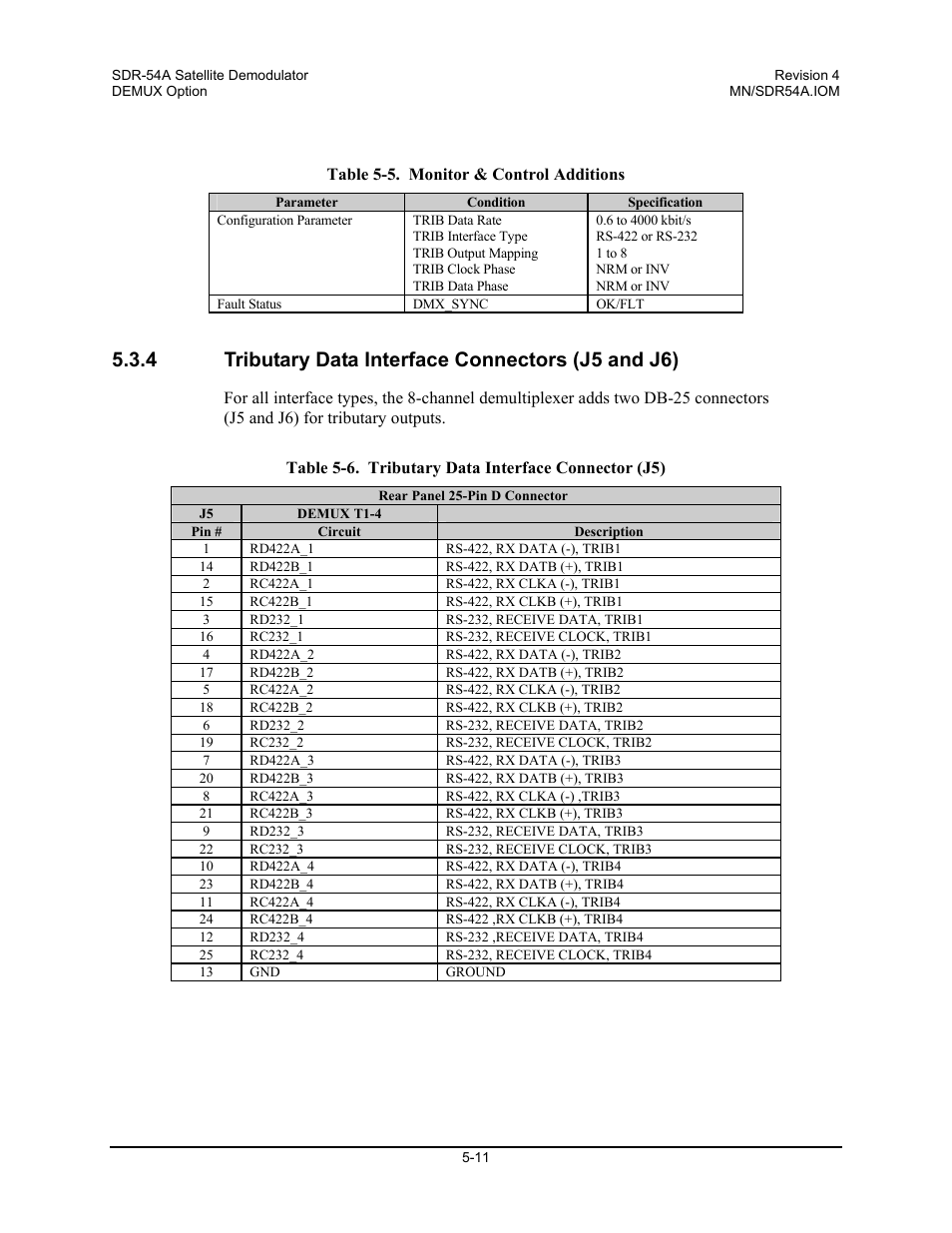 Tributary data interface connectors (j5 and j6), 4 tributary data interface connectors (j5 and j6) | Comtech EF Data SDR-54A User Manual | Page 45 / 96