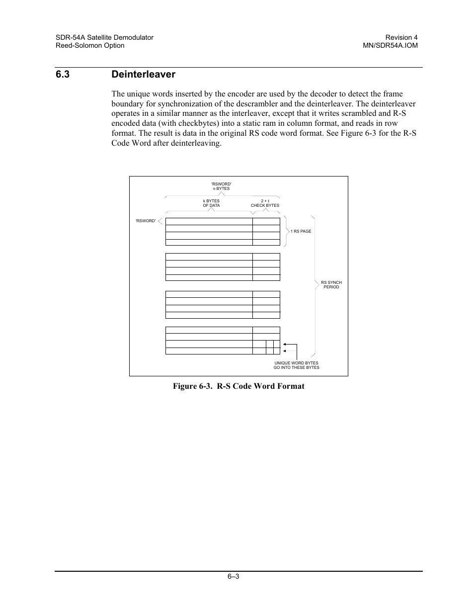 Deinterleaver, 3 deinterleaver, Figure 6-3. r-s code word format | Comtech EF Data SDR-54A User Manual | Page 49 / 96