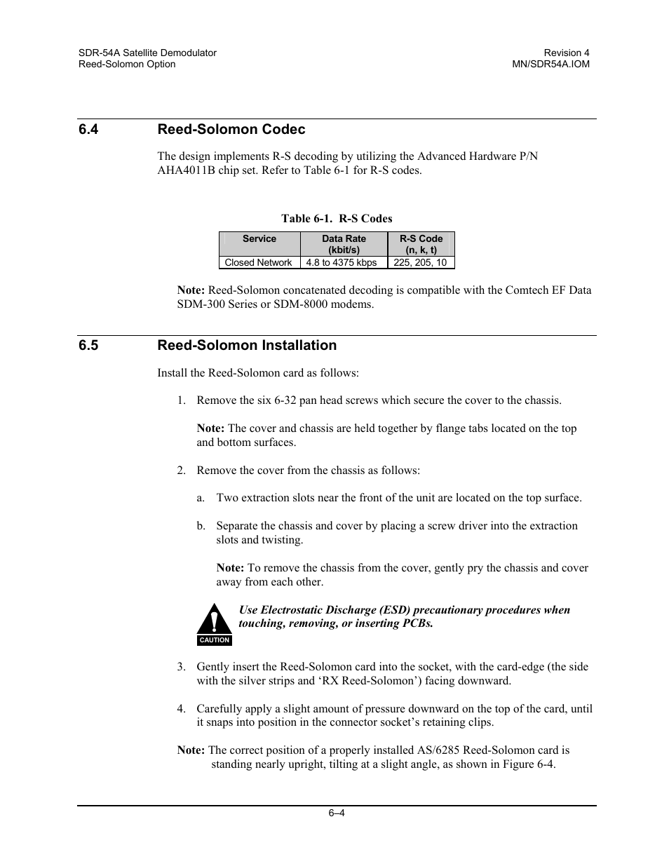 Reed-solomon codec, Reed-solomon installation, 4 reed-solomon codec | 5 reed-solomon installation | Comtech EF Data SDR-54A User Manual | Page 50 / 96