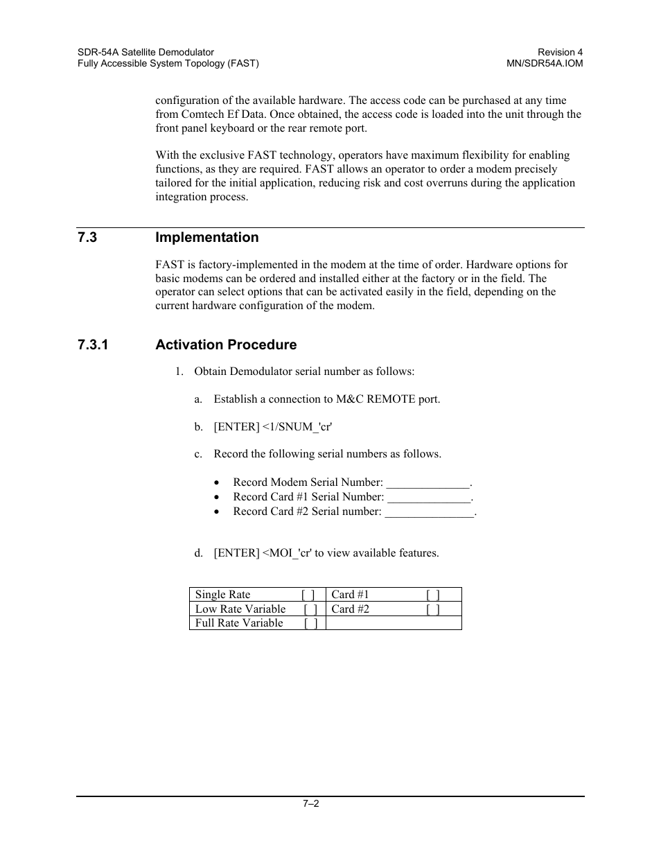 Implementation, Activation procedure | Comtech EF Data SDR-54A User Manual | Page 58 / 96