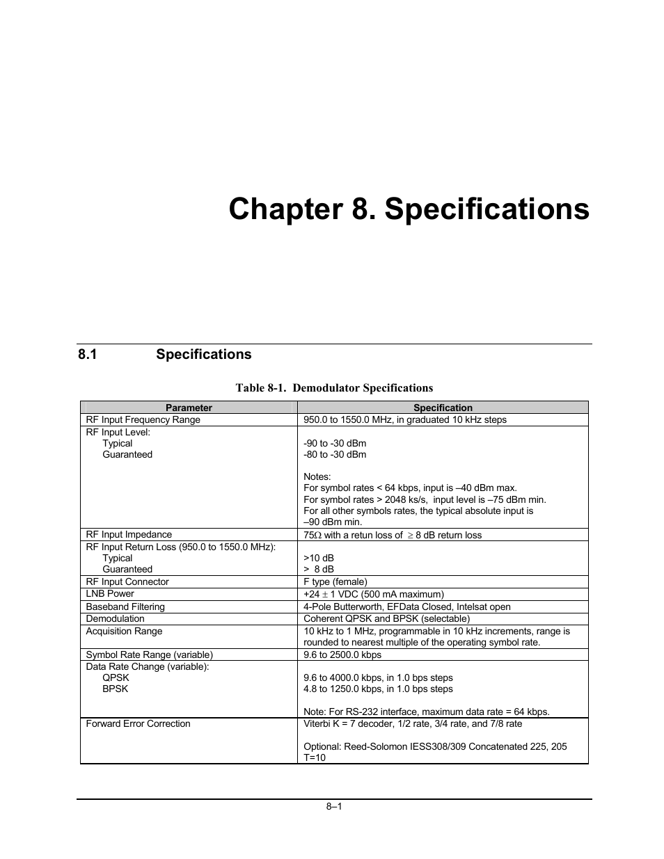 Specifications, Chapter 8. specifications, 1 specifications | Comtech EF Data SDR-54A User Manual | Page 61 / 96