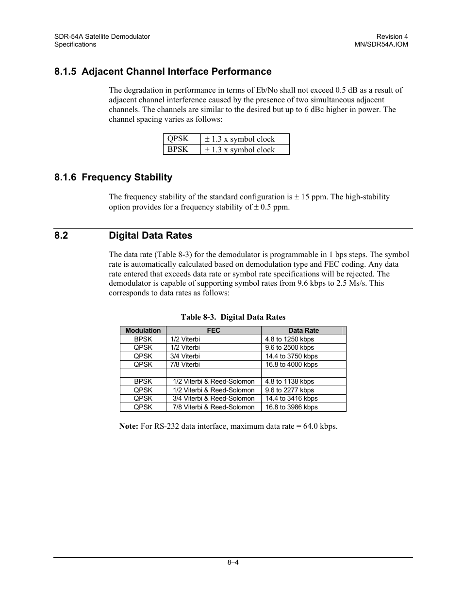 Adjacent channel interface performance, Frequency stability, Digital data rates | 5 adjacent channel interface performance, 6 frequency stability, 2 digital data rates | Comtech EF Data SDR-54A User Manual | Page 64 / 96