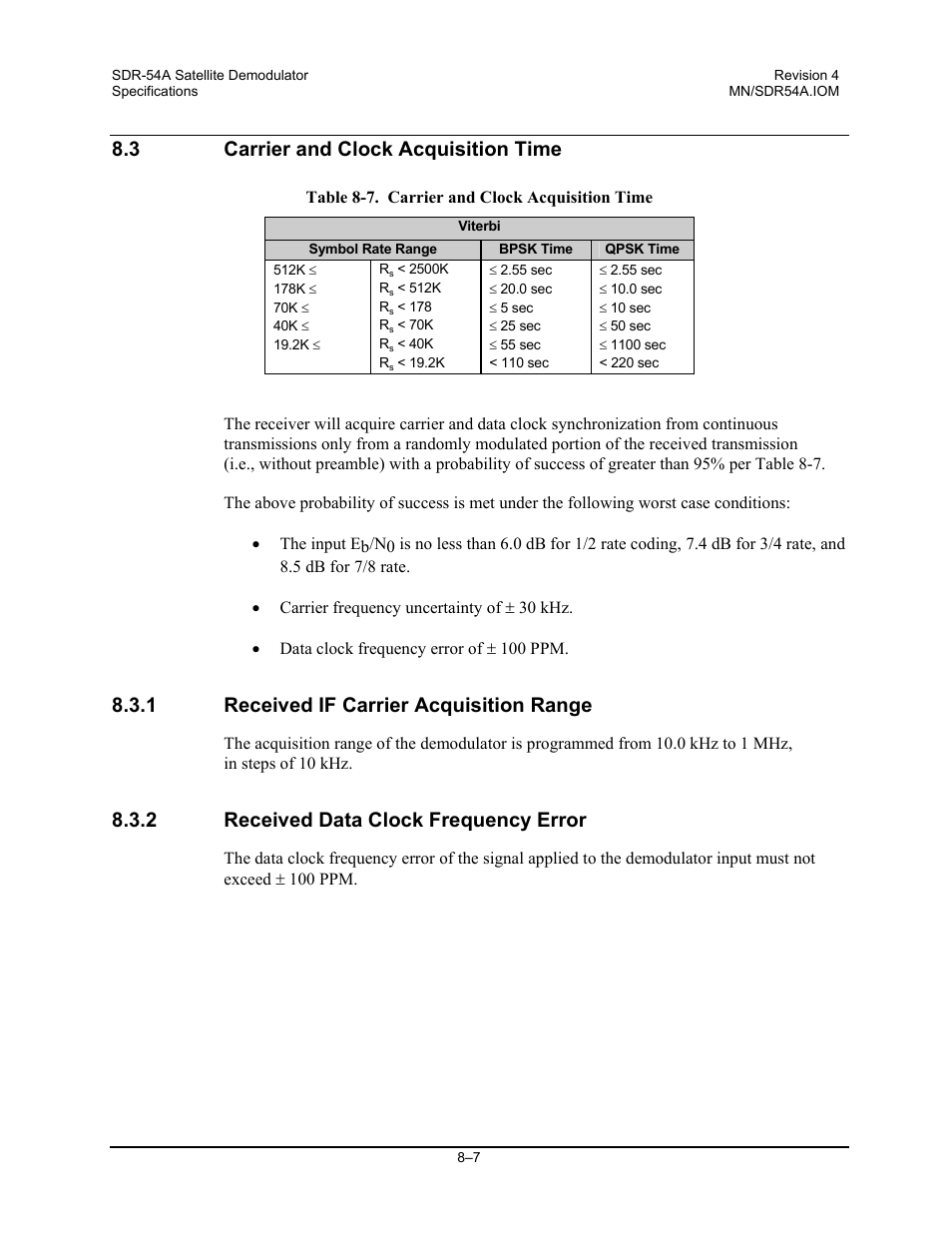 Carrier and clock acquisition time, Received if carrier acquisition range, Received data clock frequency error | 3 carrier and clock acquisition time, 1 received if carrier acquisition range, 2 received data clock frequency error | Comtech EF Data SDR-54A User Manual | Page 67 / 96