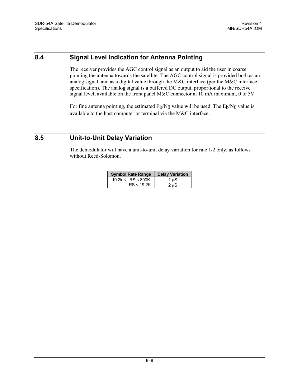 Signal level indication for antenna pointing, Unit-to-unit delay variation, 4 signal level indication for antenna pointing | 5 unit-to-unit delay variation | Comtech EF Data SDR-54A User Manual | Page 68 / 96