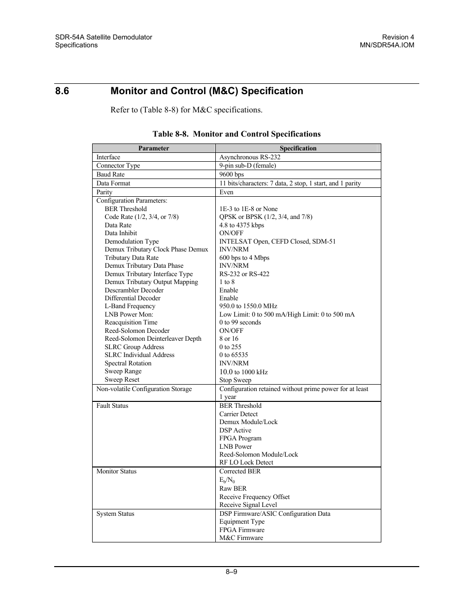 Monitor and control (m&c) specification, 6 monitor and control (m&c) specification | Comtech EF Data SDR-54A User Manual | Page 69 / 96