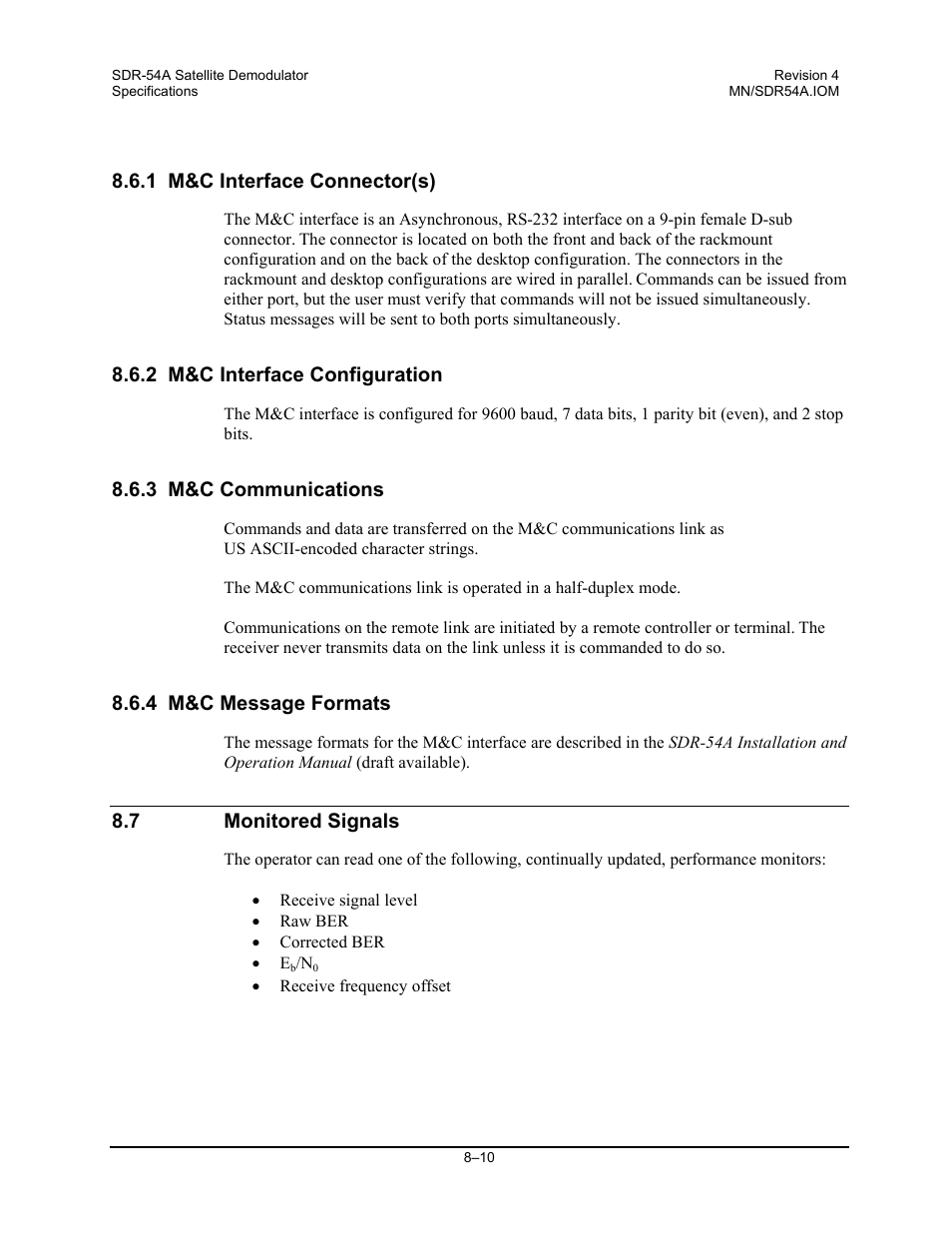 M&c interface connector(s), M&c interface configuration, M&c communications | M&c message formats, Monitored signals, 1 m&c interface connector(s), 2 m&c interface configuration, 3 m&c communications, 4 m&c message formats, 7 monitored signals | Comtech EF Data SDR-54A User Manual | Page 70 / 96