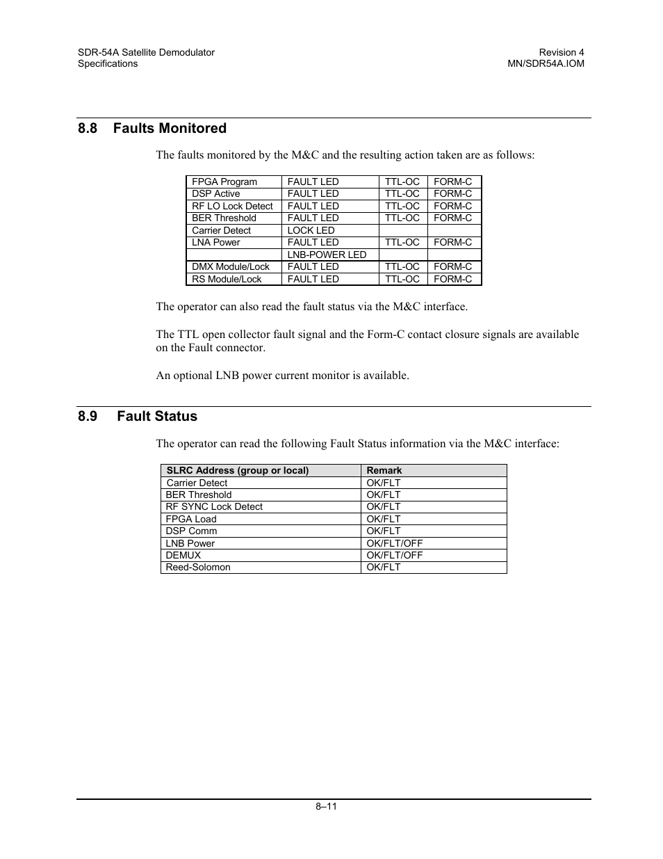 8 faults monitored, 9fault status, 9 fault status | Comtech EF Data SDR-54A User Manual | Page 71 / 96