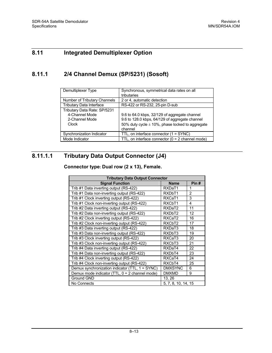 Integrated demultiplexer option, 2/4 channel demux (sp/5231) (sosoft), Tributary data output connector (j4) | 1 tributary data output connector (j4) | Comtech EF Data SDR-54A User Manual | Page 73 / 96