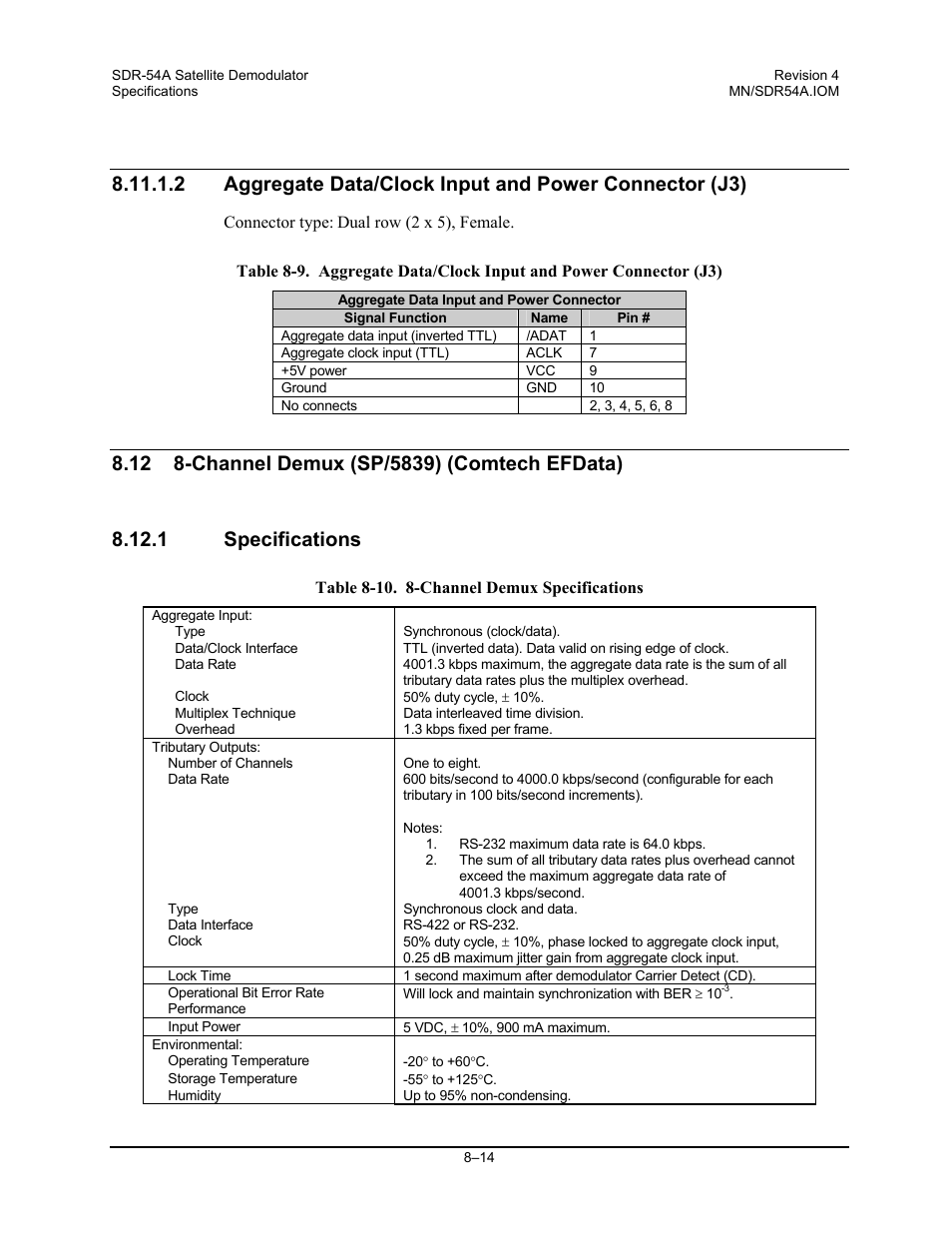 Channel demux (sp/5839) (comtech efdata), Specifications | Comtech EF Data SDR-54A User Manual | Page 74 / 96
