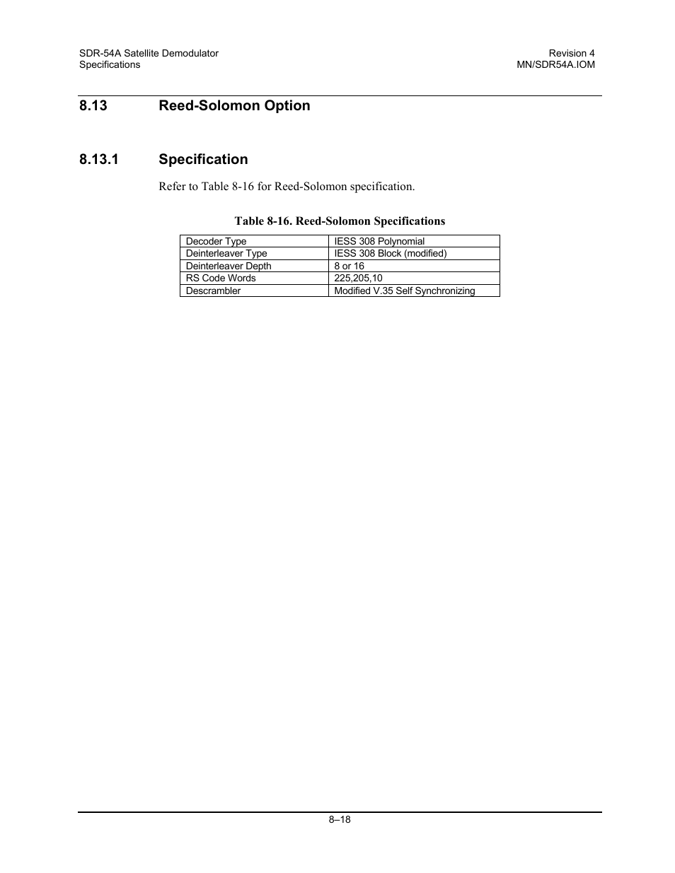Reed-solomon option, Specification | Comtech EF Data SDR-54A User Manual | Page 78 / 96