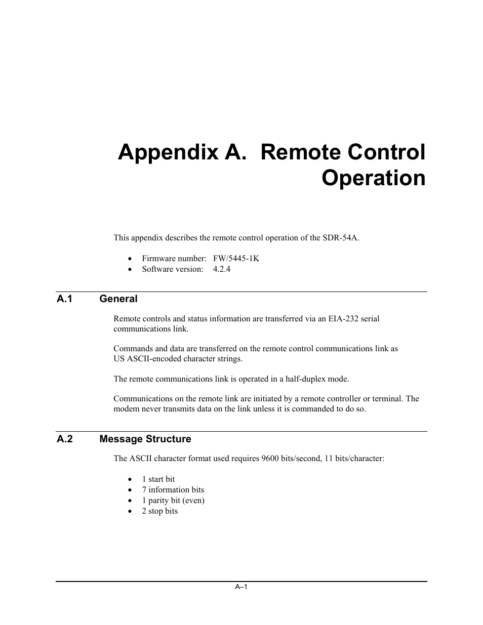 A. remote control operation, General, Message structure | Appendix a. remote control operation | Comtech EF Data SDR-54A User Manual | Page 79 / 96