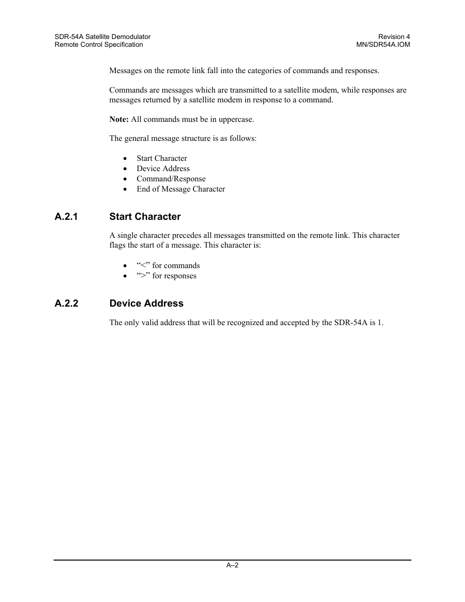 Start character, Device address | Comtech EF Data SDR-54A User Manual | Page 80 / 96