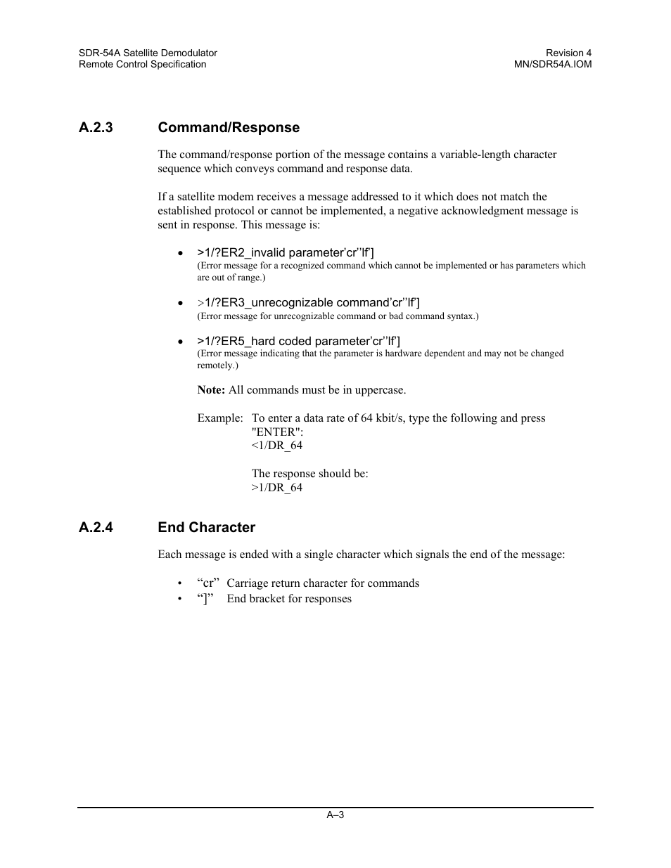 Command/response, End character, A.2.3 command/response | A.2.4 end character | Comtech EF Data SDR-54A User Manual | Page 81 / 96