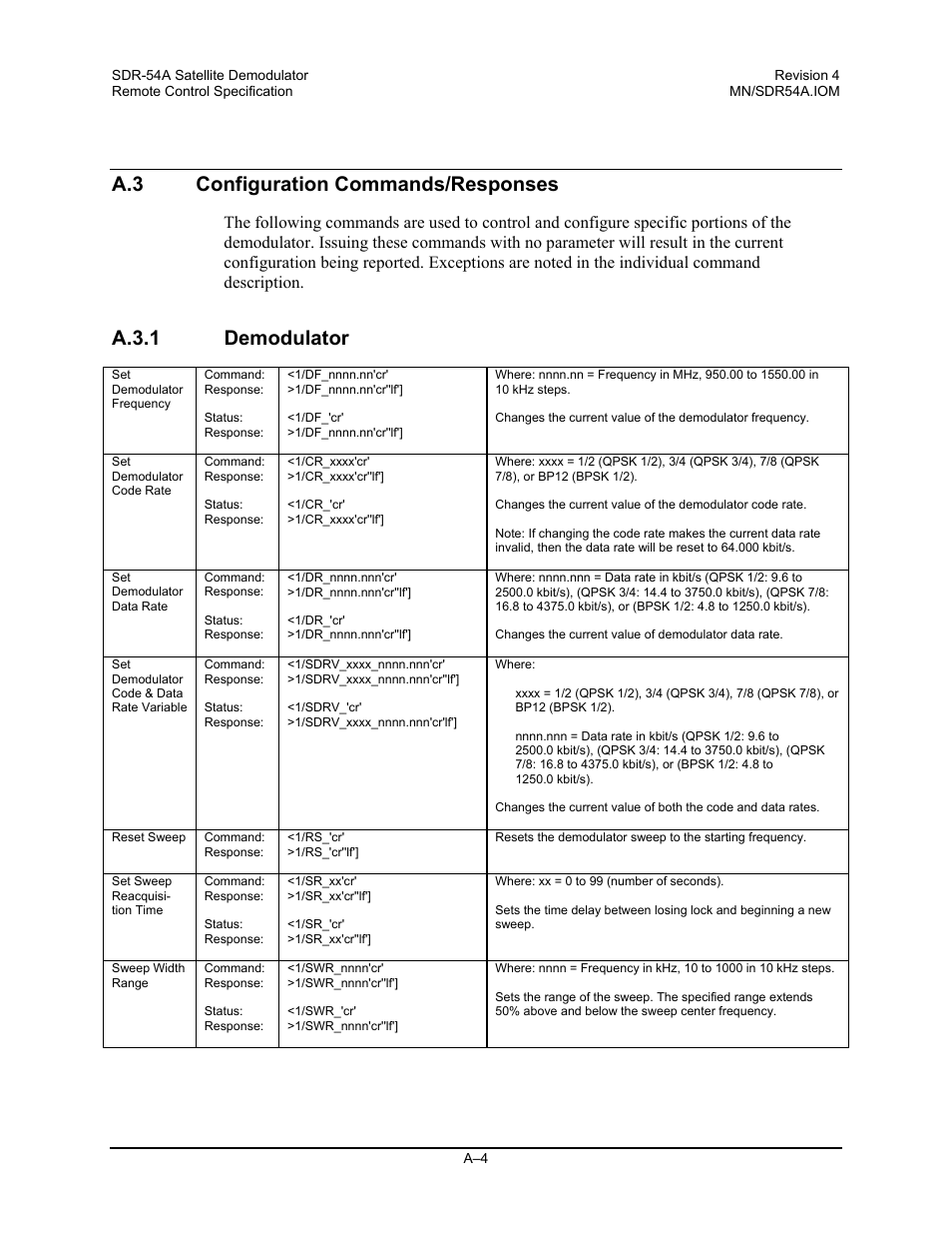 Configuration commands/responses, Demodulator, A.3 configuration commands/responses | A.3.1 demodulator | Comtech EF Data SDR-54A User Manual | Page 82 / 96