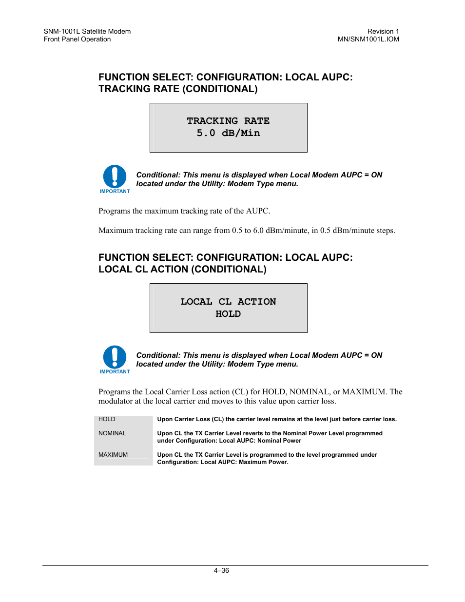 Tracking rate 5.0 db/min, Local cl action hold | Comtech EF Data SNM-1001L User Manual | Page 100 / 344