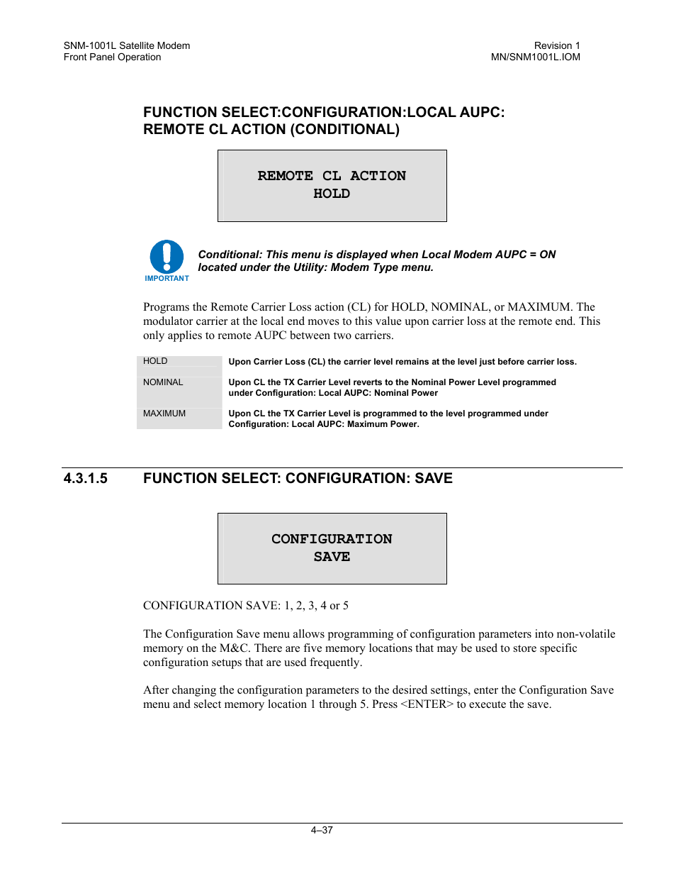 Remote cl action hold, Configuration save, 5 function select: configuration: save | Comtech EF Data SNM-1001L User Manual | Page 101 / 344