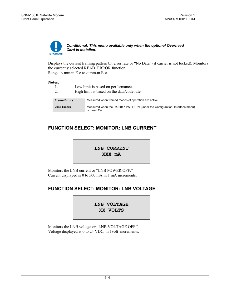 Lnb current xxx ma, Lnb voltage xx volts | Comtech EF Data SNM-1001L User Manual | Page 105 / 344