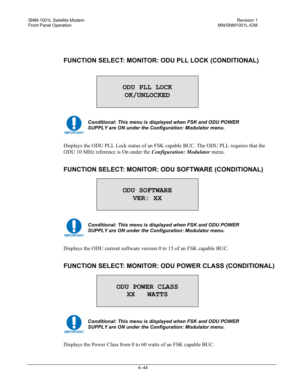 Odu pll lock ok/unlocked, Odu software ver: xx, Odu power class xx watts | Comtech EF Data SNM-1001L User Manual | Page 108 / 344