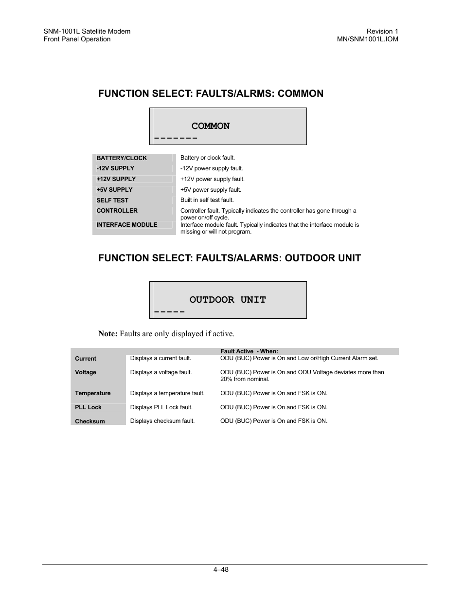 Common, Outdoor unit, Function select: faults/alrms: common | Function select: faults/alarms: outdoor unit | Comtech EF Data SNM-1001L User Manual | Page 112 / 344