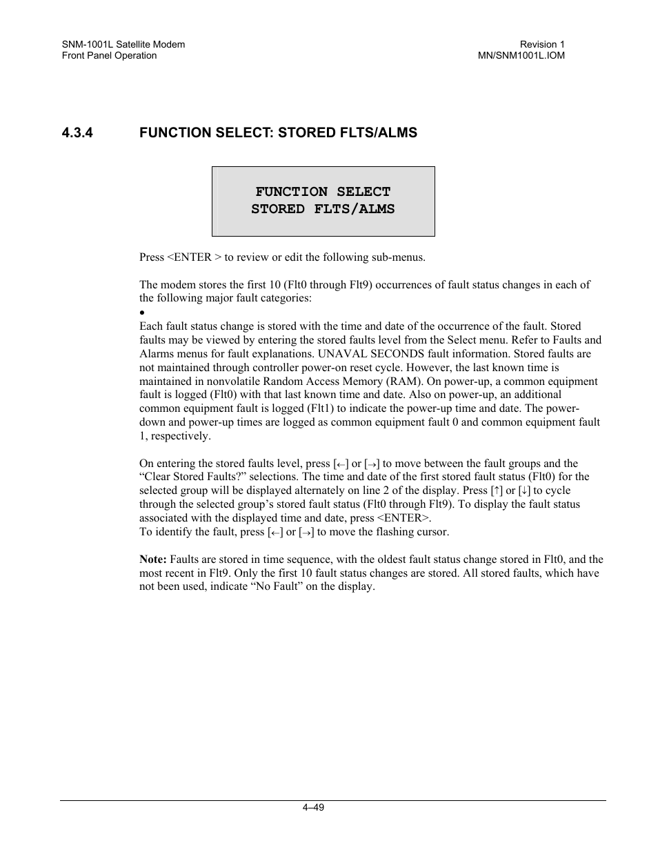 Function select: stored flts/alms, Function select stored flts/alms | Comtech EF Data SNM-1001L User Manual | Page 113 / 344