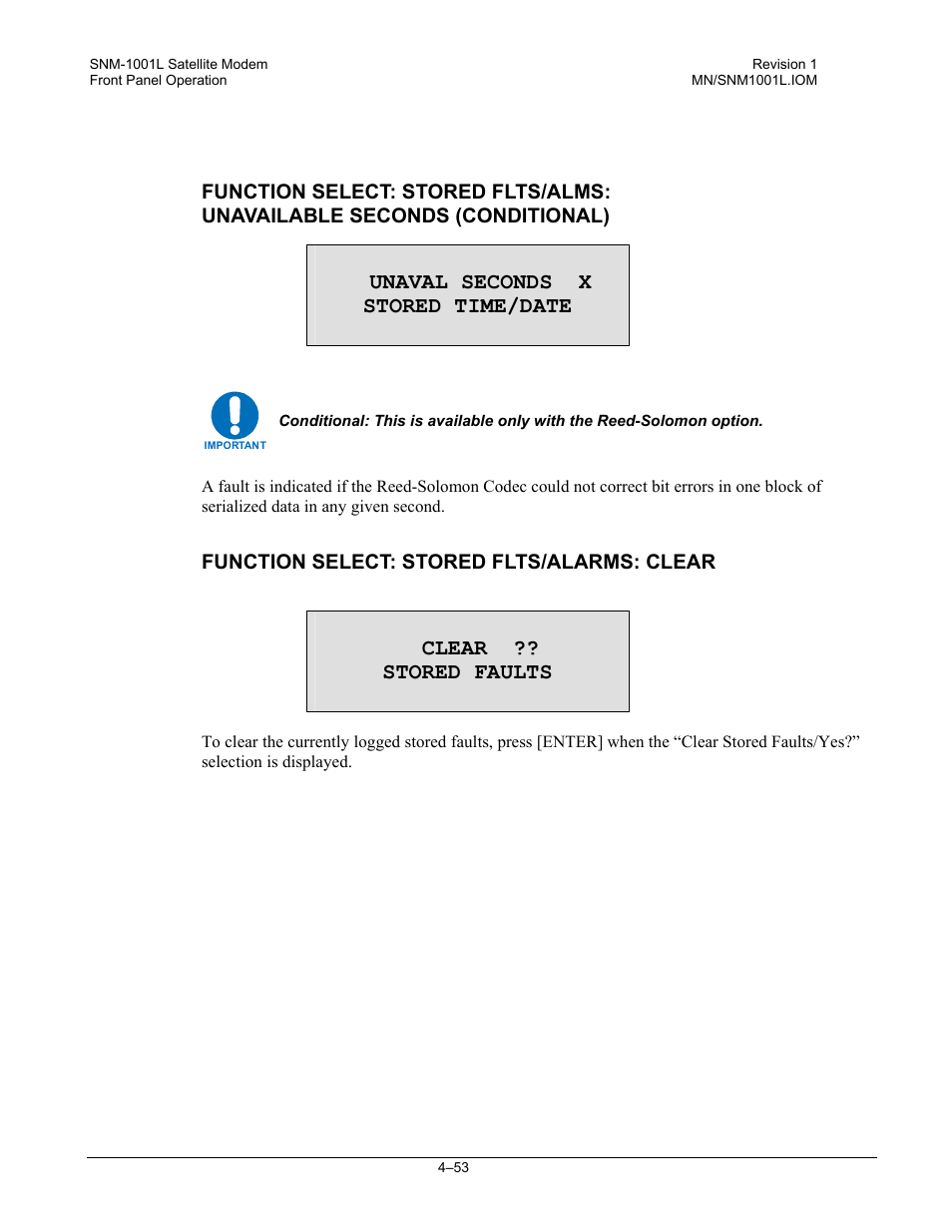 Unaval seconds x stored time/date, Clear ?? stored faults | Comtech EF Data SNM-1001L User Manual | Page 117 / 344