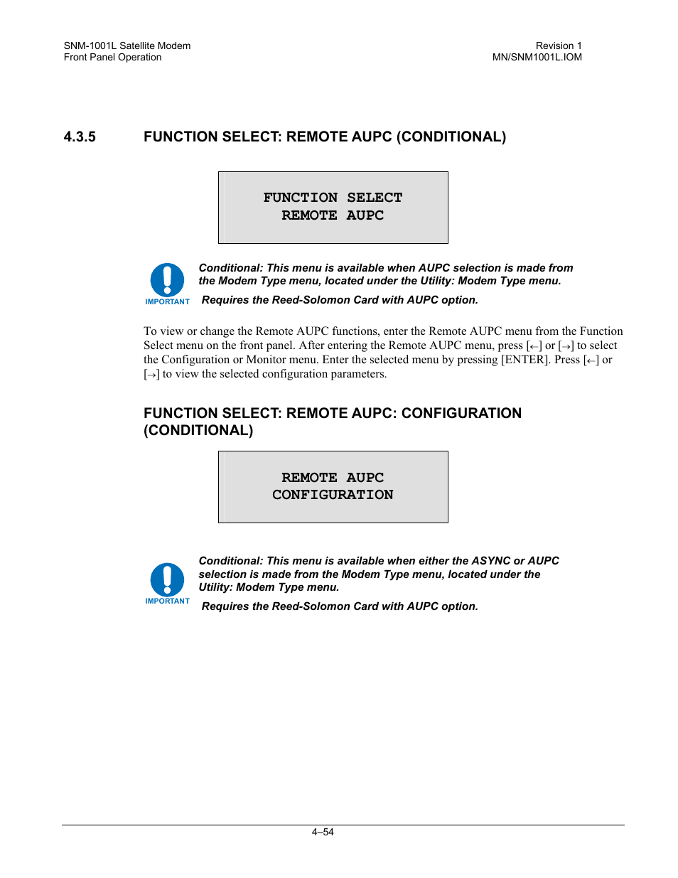 Function select: remote aupc (conditional), Function select remote aupc, Remote aupc configuration | Comtech EF Data SNM-1001L User Manual | Page 118 / 344