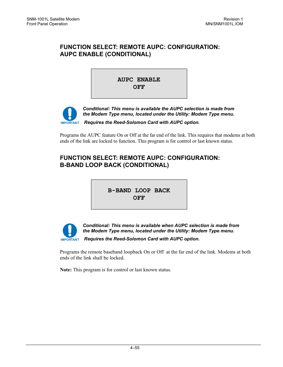 Aupc enable off, B-band loop back off | Comtech EF Data SNM-1001L User Manual | Page 119 / 344