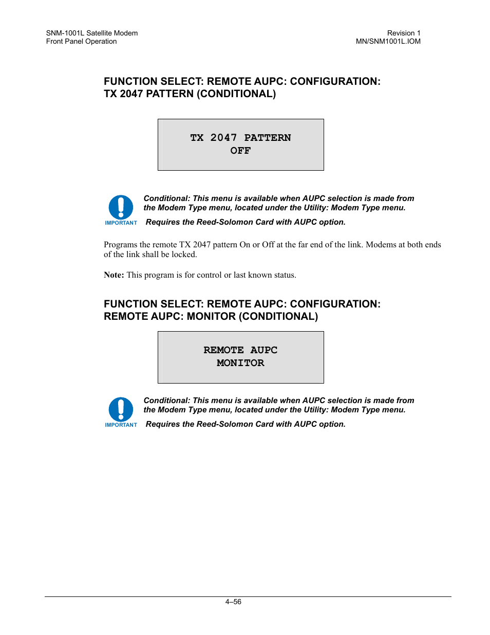 Tx 2047 pattern off, Remote aupc monitor | Comtech EF Data SNM-1001L User Manual | Page 120 / 344