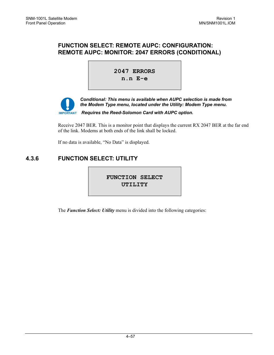 Function select: utility | Comtech EF Data SNM-1001L User Manual | Page 121 / 344