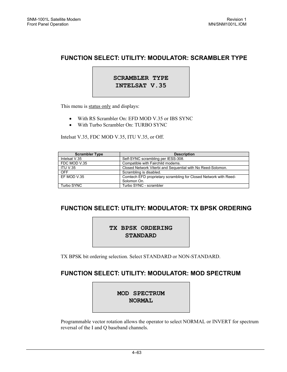 Scrambler type intelsat v.35, Tx bpsk ordering standard, Mod spectrum normal | Function select: utility: modulator: mod spectrum | Comtech EF Data SNM-1001L User Manual | Page 127 / 344