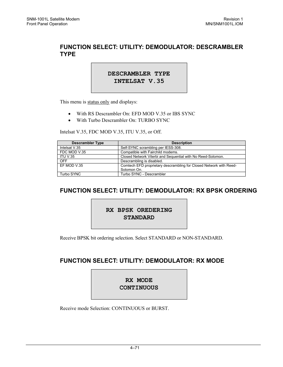 Descrambler type intelsat v.35, Rx bpsk oredering standard, Rx mode continuous | Function select: utility: demodulator: rx mode | Comtech EF Data SNM-1001L User Manual | Page 135 / 344