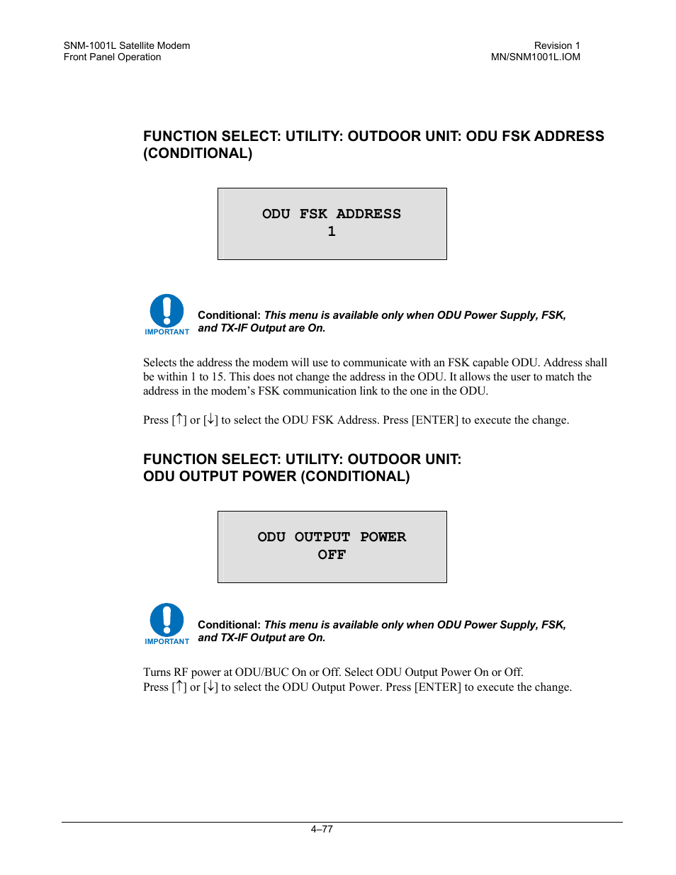 Odu fsk address 1, Odu output power off | Comtech EF Data SNM-1001L User Manual | Page 141 / 344