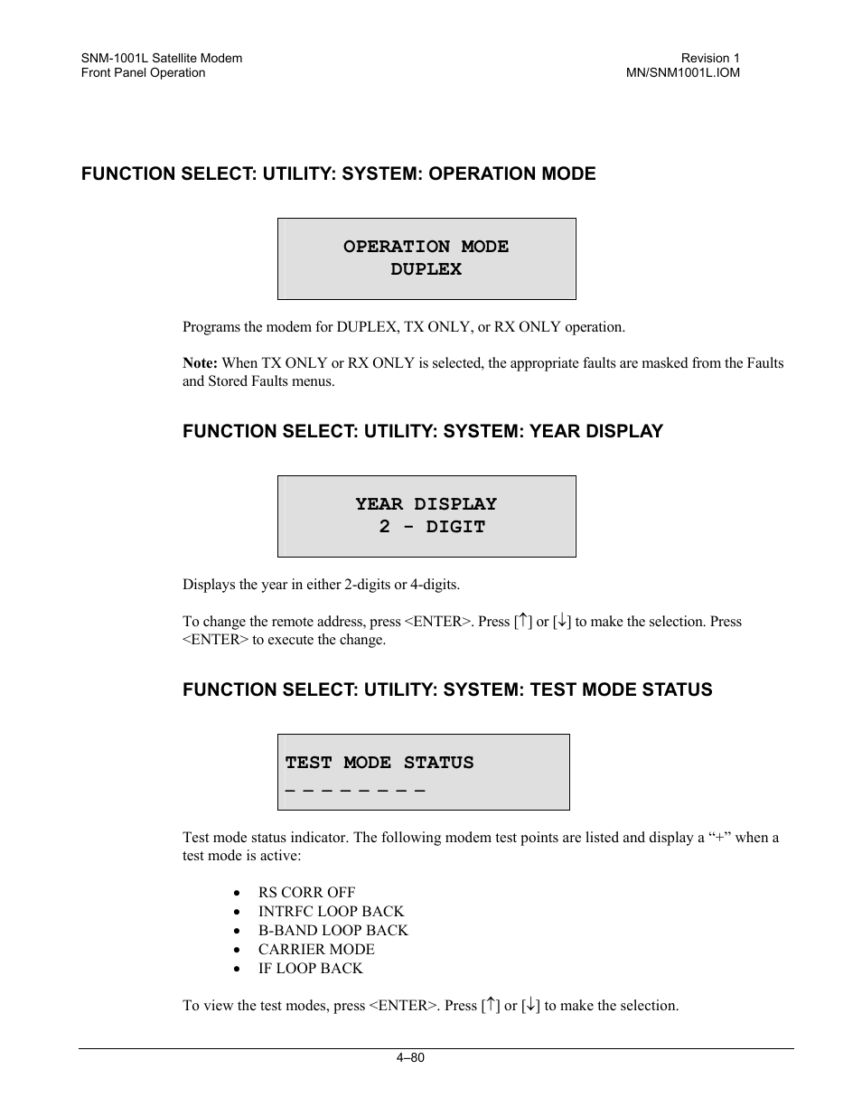 Operation mode duplex, Year display 2 - digit, Test mode status | Comtech EF Data SNM-1001L User Manual | Page 144 / 344