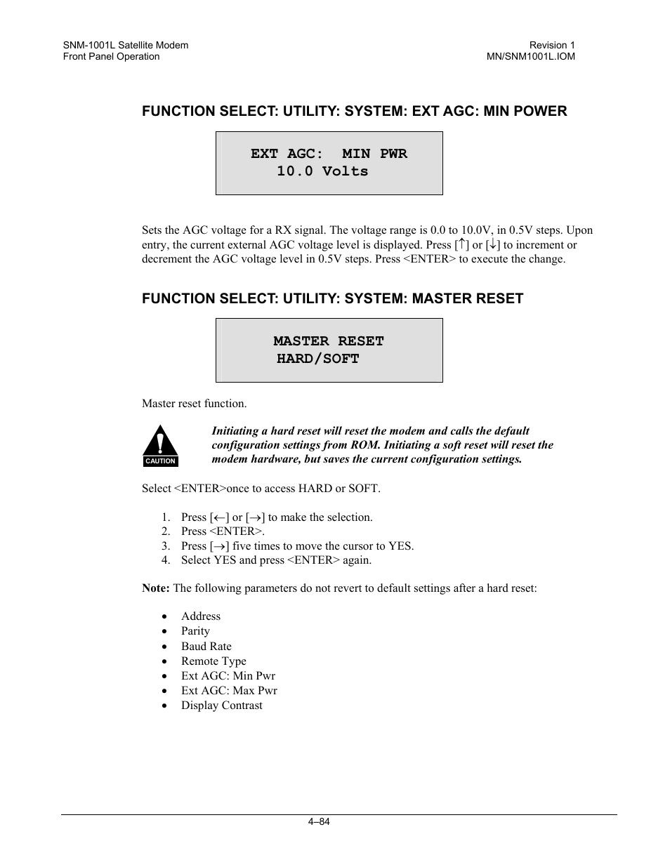 Ext agc: min pwr 10.0 volts, Master reset hard/soft | Comtech EF Data SNM-1001L User Manual | Page 148 / 344