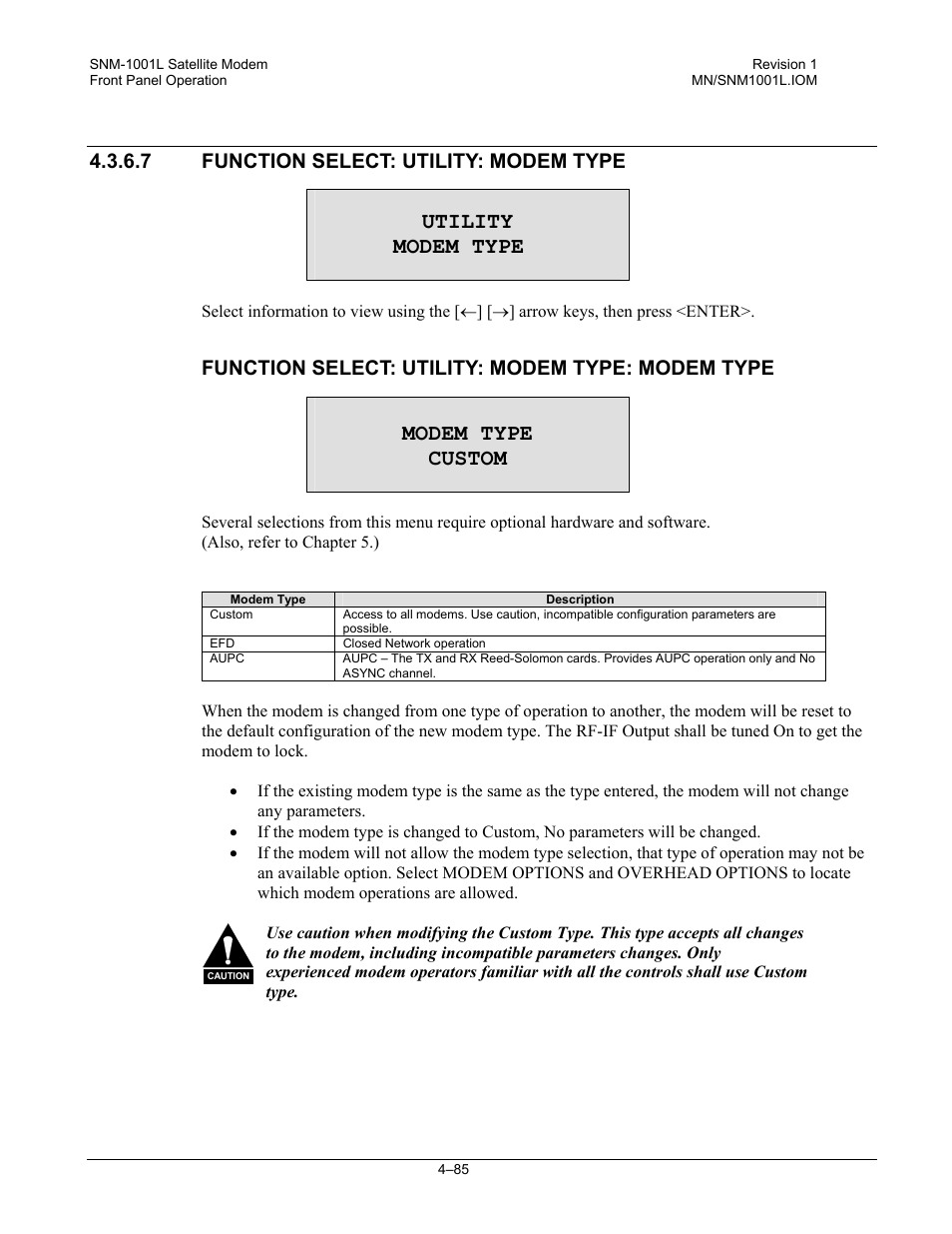 Utility modem type, Modem type custom, 7 function select: utility: modem type | Function select: utility: modem type: modem type | Comtech EF Data SNM-1001L User Manual | Page 149 / 344