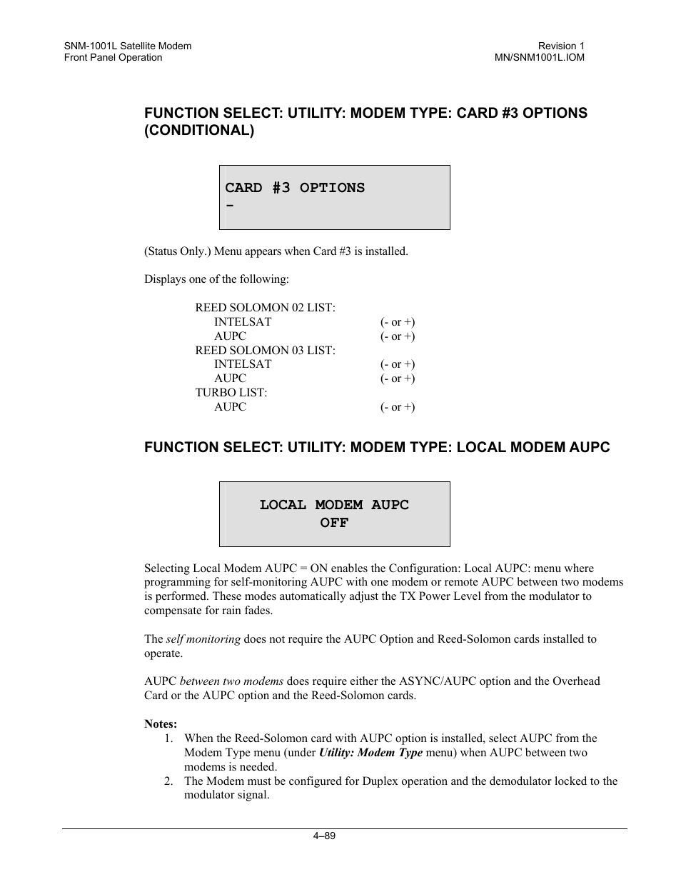 Card #3 options, Local modem aupc off | Comtech EF Data SNM-1001L User Manual | Page 153 / 344