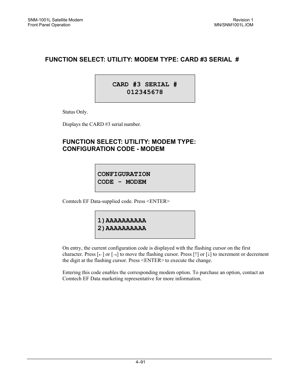 Configuration code - modem | Comtech EF Data SNM-1001L User Manual | Page 155 / 344