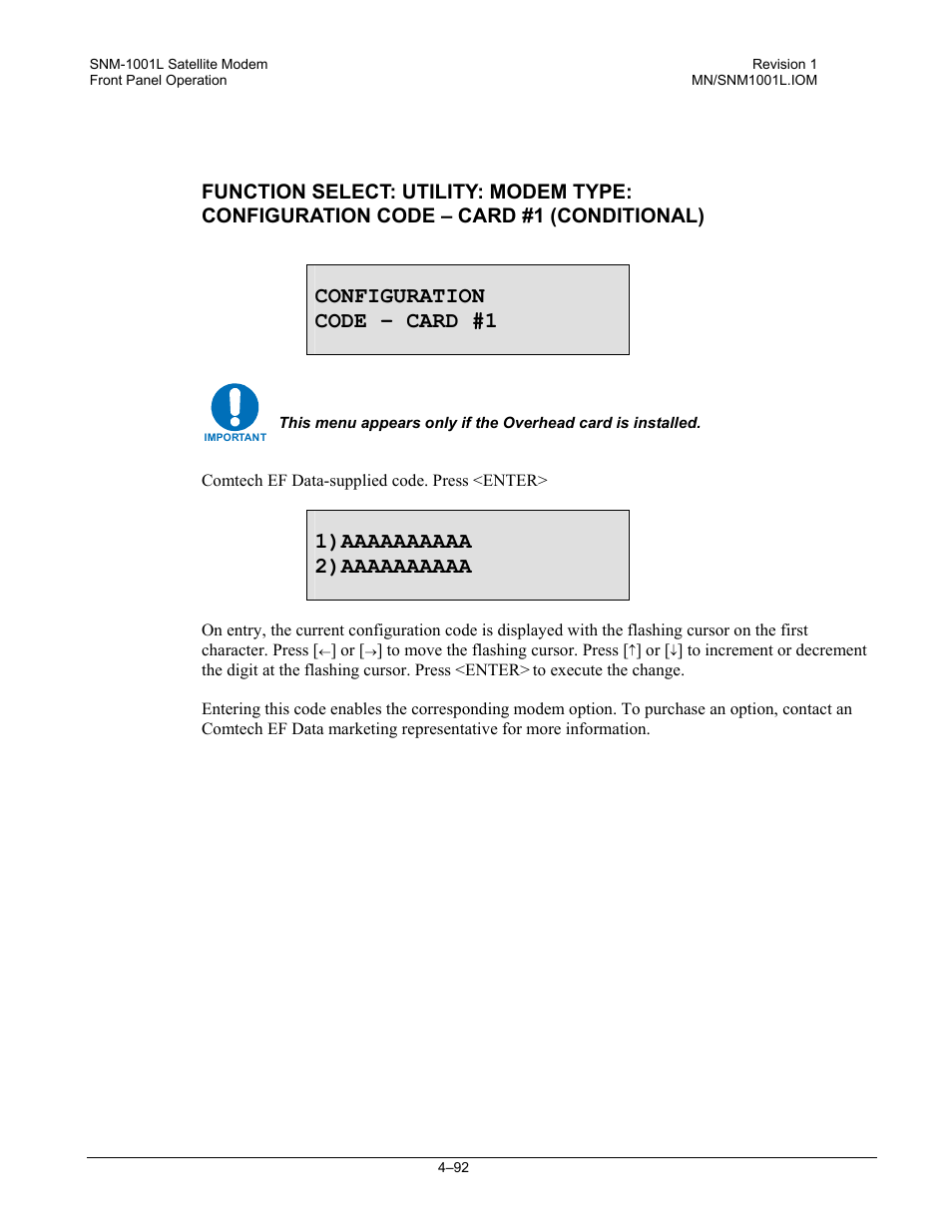 Configuration code – card #1 | Comtech EF Data SNM-1001L User Manual | Page 156 / 344