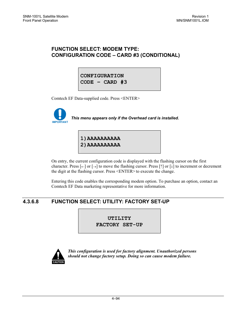 Configuration code – card #3, Utility factory set-up, 8 function select: utility: factory set-up | Comtech EF Data SNM-1001L User Manual | Page 158 / 344